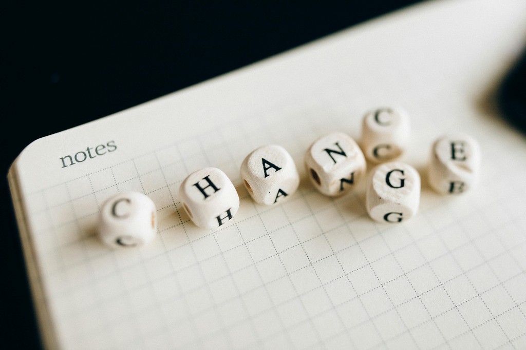 A collection of dice with letters on spell out the words Chance and Change