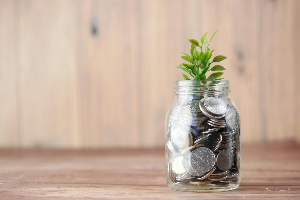 A glass jar is filled with coins, and from it is sprouting a small plant.